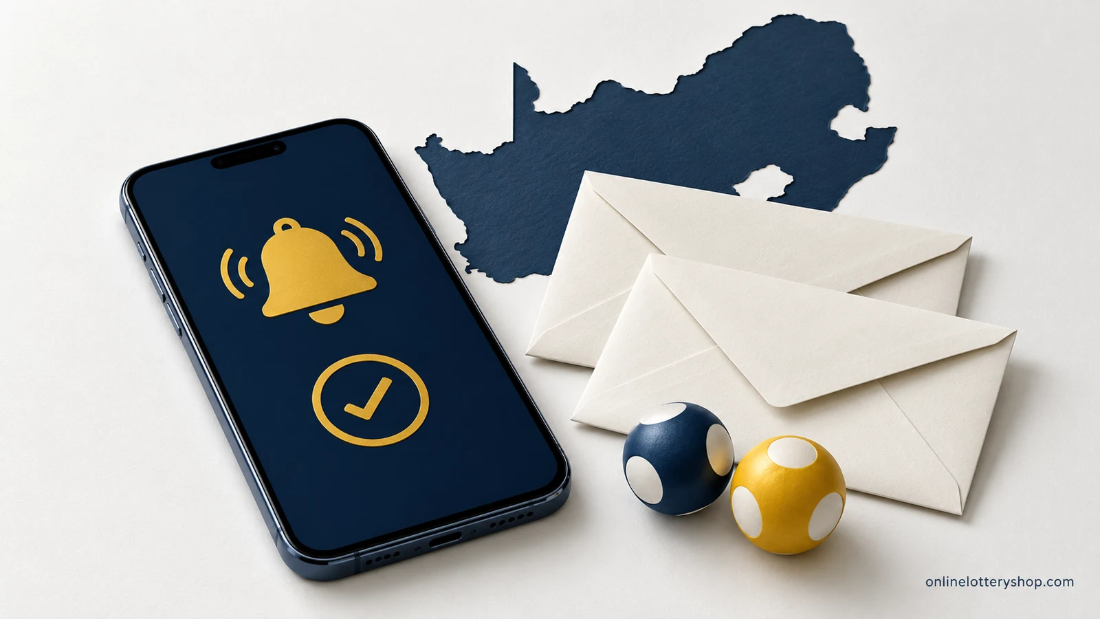 Conceptual illustration of a phone with notification and confirmation symbols beside envelopes, lottery balls and a South Africa silhouette.
