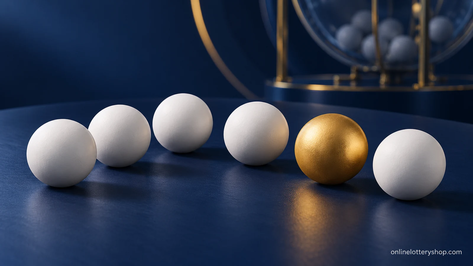 Five unnumbered white lottery balls and one gold ball on a navy surface, with a draw machine in the background.